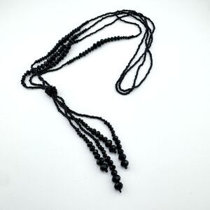 Vintage Black Beaded Layered Necklace Tassel Lariat Monochromatic Retro